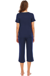 V-Neck Short Sleeve Top and Pants Lounge Set OutfitFlow